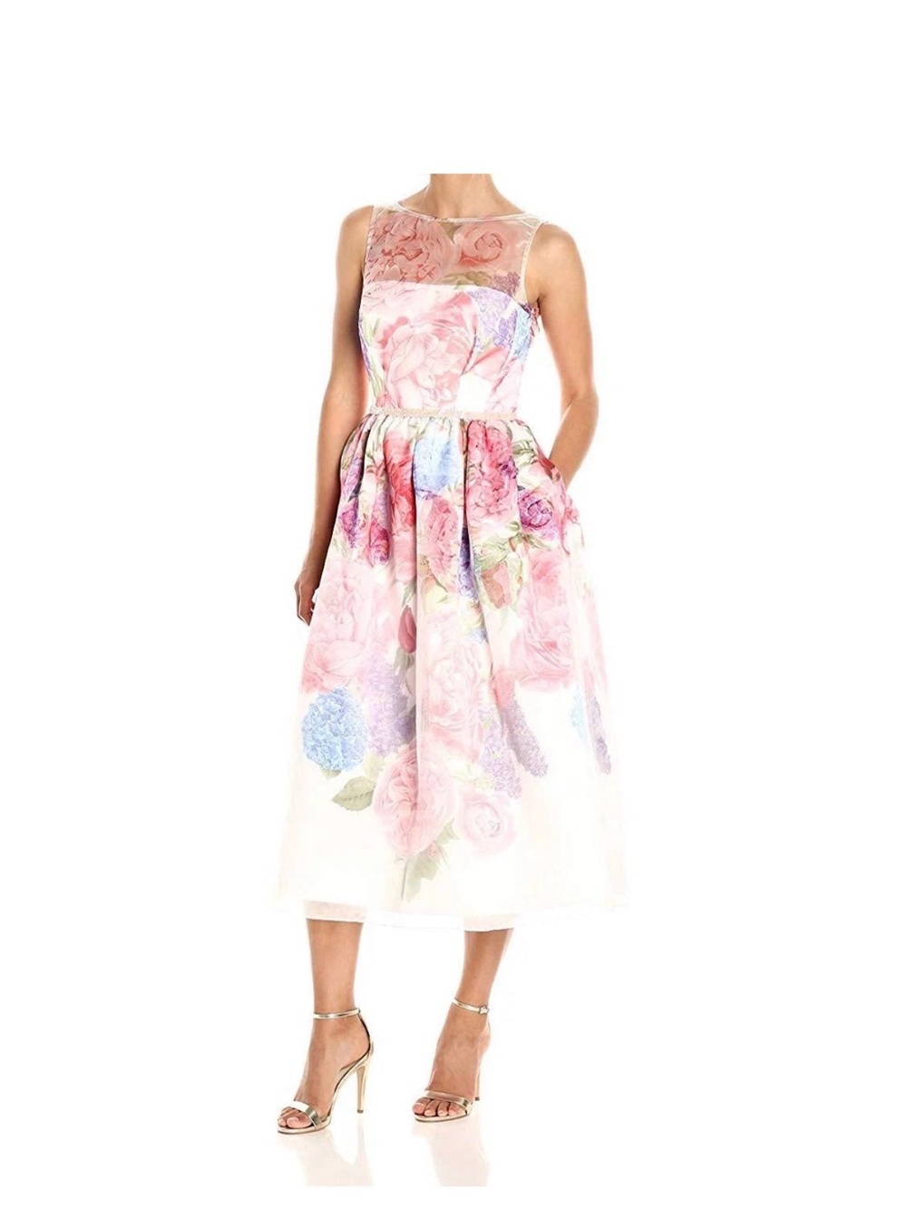 Carmen Marc Valvo Pastel Floral Fit-and-Flare Midi Dress